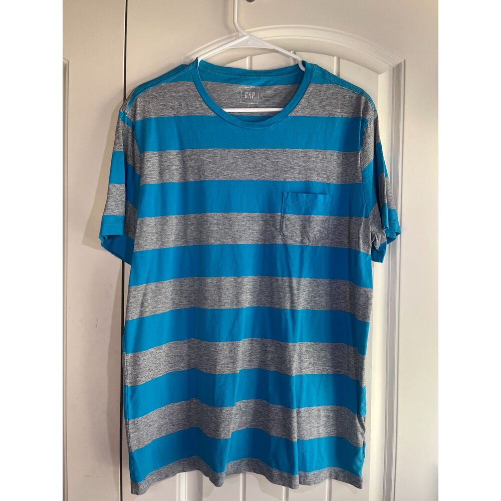 Gap Men's Striped Pocket T-Shirt Large Teal Grey Crewneck